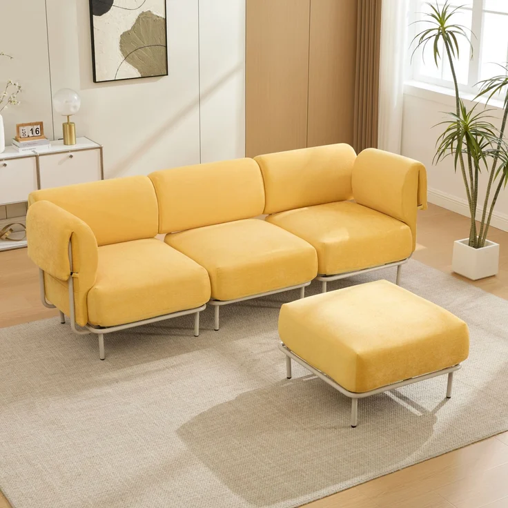Modulares 3-Sitzer-Sofa mit Hocker, Chenille, 251x155x78 cm, Senfgelb – Bild 3