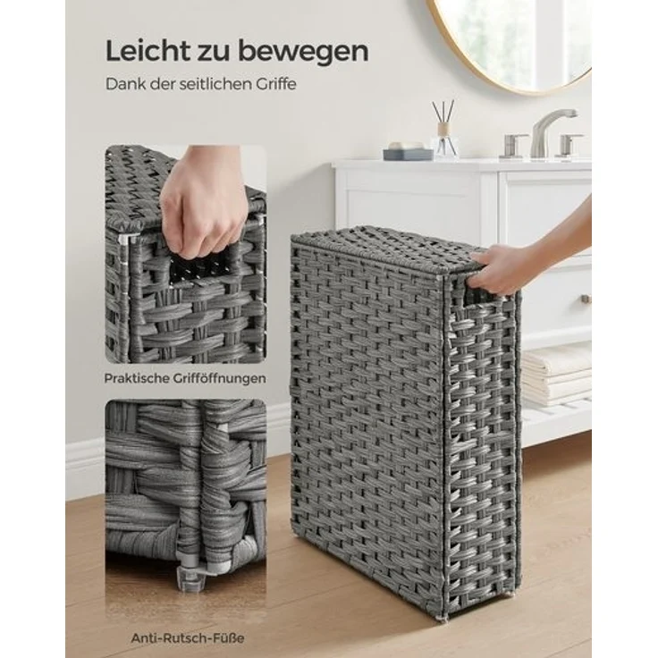 Songmics Wäschekorb mit Deckel und Griffen, faltbar, herausnehmbarer Innensack, Polyrattan taubengrau, 55 Liter – Bild 4