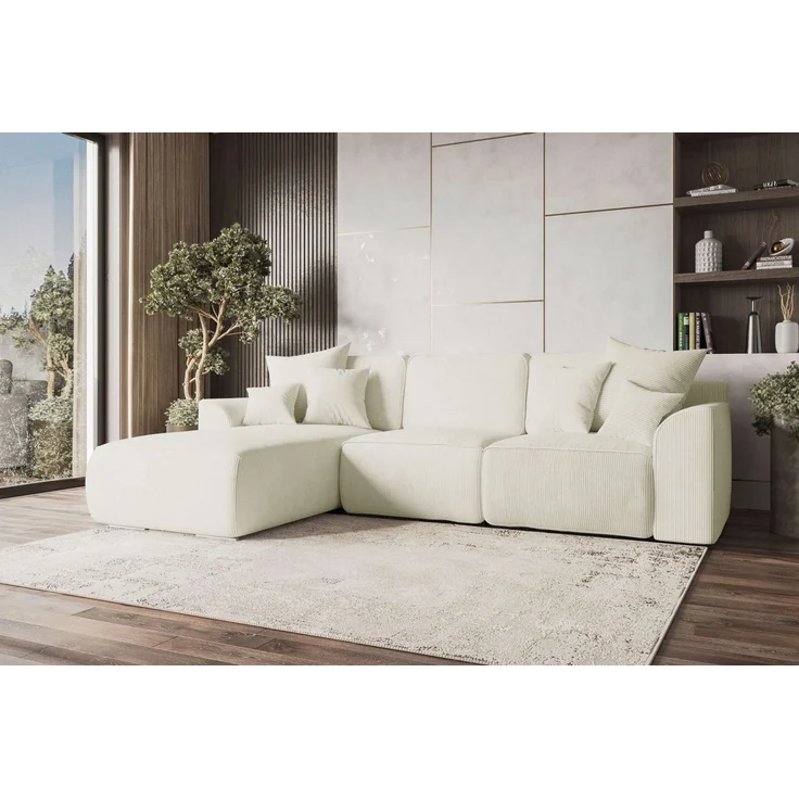 99rooms Gusto Ecksofa Cordstoff POSO Creme Links mit Schlaffunktion – Bild 1