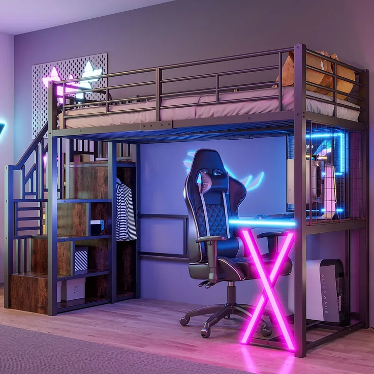 Kinder-Hochbett 90x200 cm mit Schreibtisch, Kleiderschrank, Aufbewahrungsleiter,fernbedienbares LED-Ambientelicht,Schwarz