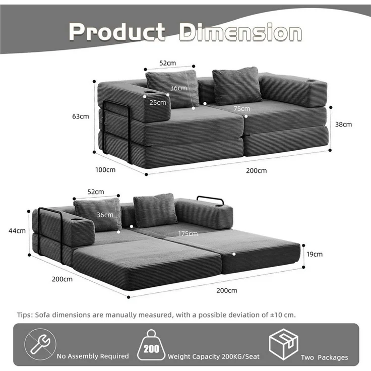 Sinaopus Sofa Sofas Wohnzimmer, Schlafsofa aus Cord mit Bettfunktion, Faltbares Bodensofa mit Liegefunktion für kleine Räume – Bild 2