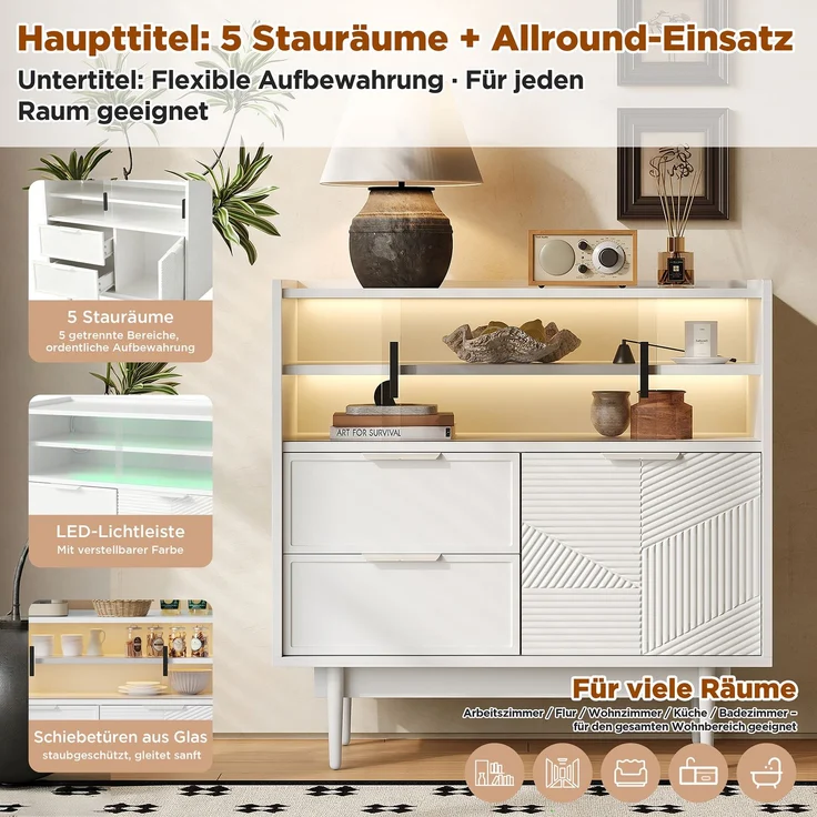 Merax Sideboard, Ablageschrank, Badezimmerschrank, Sideboard mit Lichtleiste, Weiß – Bild 6