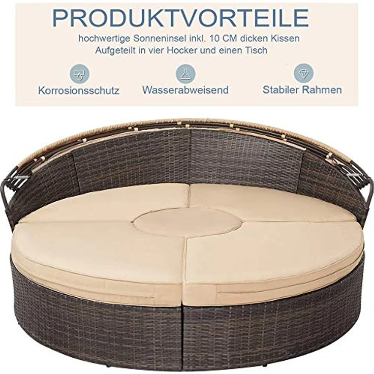 Melko Gartenlounge-Set Polyrattan Sonneninsel Tisch & Kissen 180CM Strandkorb Set, (Stück), Wasserabweisend – Bild 4