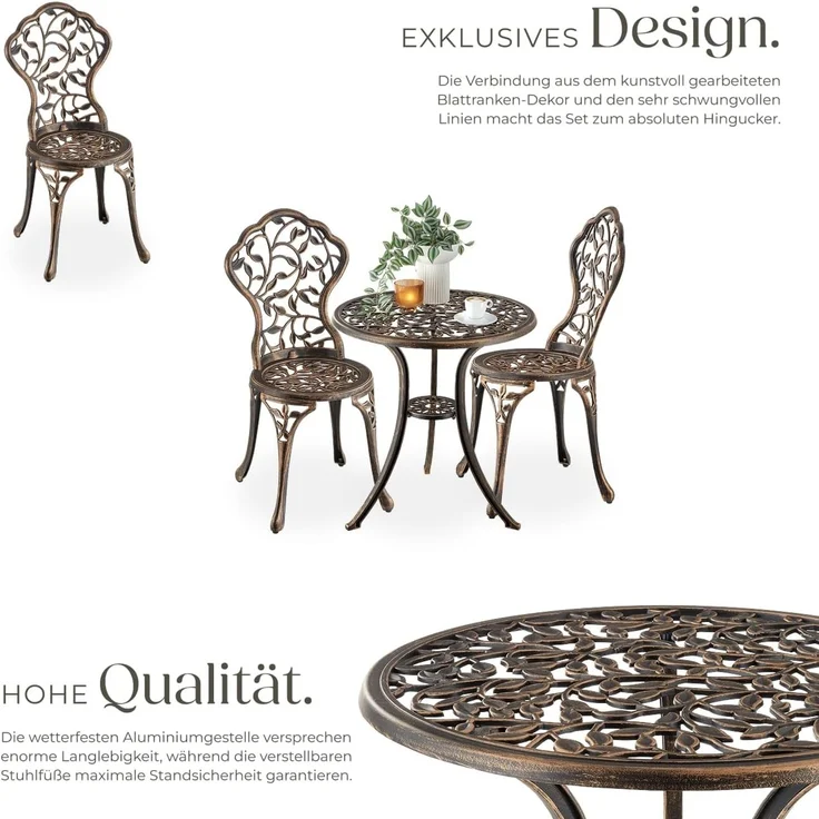 tectake Essgruppe Bistrotisch-Set Lyon für 2 Personen, wetterfestes Aluminium, (Set, 3-tlg), Absolute Standsicherheit dank höhenverstellbarer Kunststofffüße – Bild 3