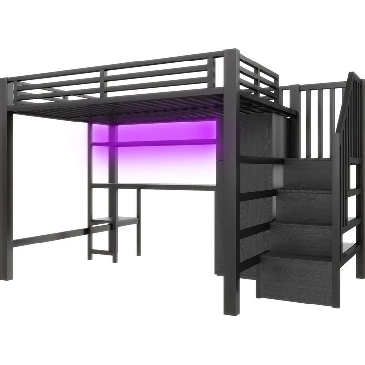 Hochbett mit RGB LED-Streifen, Schreibtisch, Treppe, Regal, Lattenrost und Kleiderschrank, 140x200 cm, Kinderbett mit Rausfallschutz, Metallbett – Bild 7