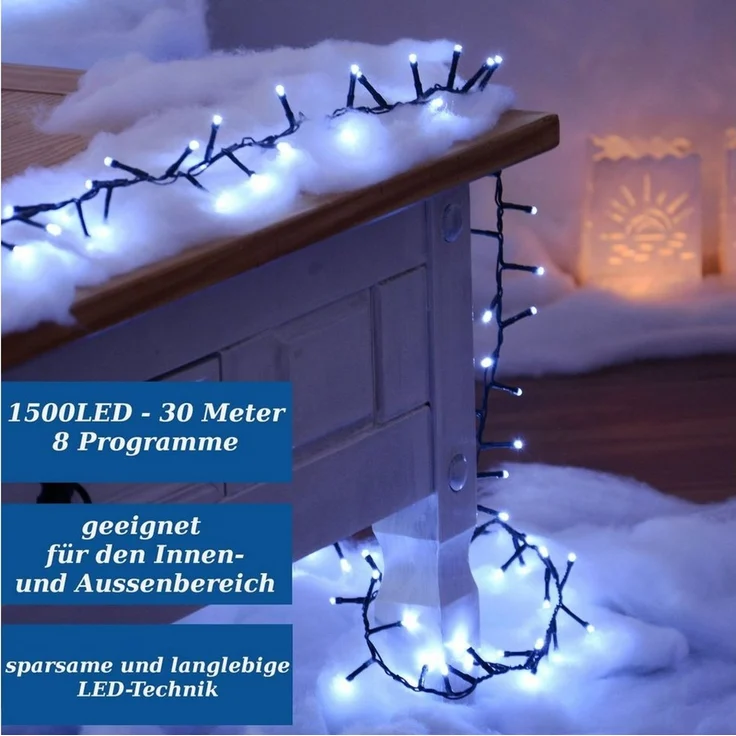 INtrenDU LED-Lichterkette Lichterkette 1500LED kaltweiß 30m, mit itegriertem Timer, Beleuchtungsprogrammen und Memoryfunktion – Bild 1