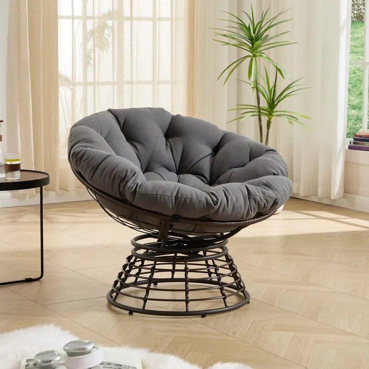 Papasan-Sessel Ø 92x67 cm mit 360°-Drehfunktion und grauem Kissen