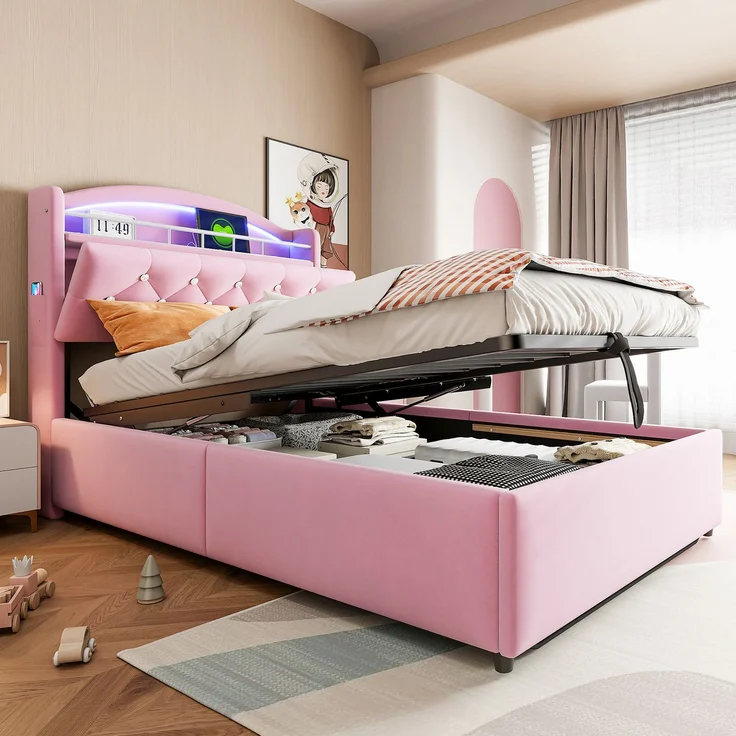 Merax Kinder Polsterbett 90x200, Samt Einzelbett Multifunktionsbett mit Stauraum mit LED und USB Rosa – Bild 2