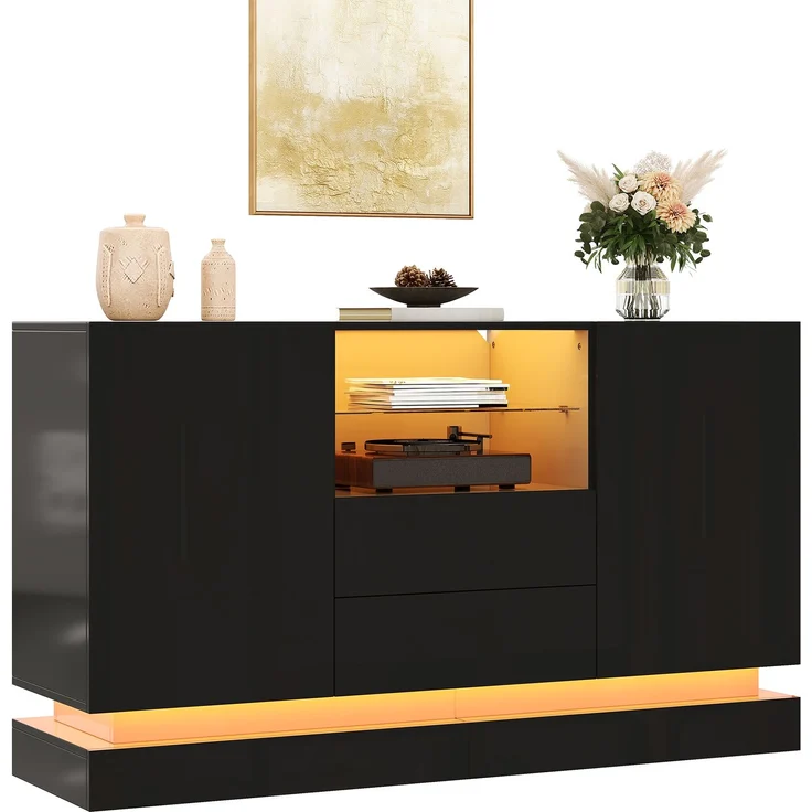 ZUBALIYA Sideboard 140x40x80 cm, mit LED-Beleuchtung, Hochglanz, mit 2 Türen, aus Spanplatte, Schwarz – Bild 1