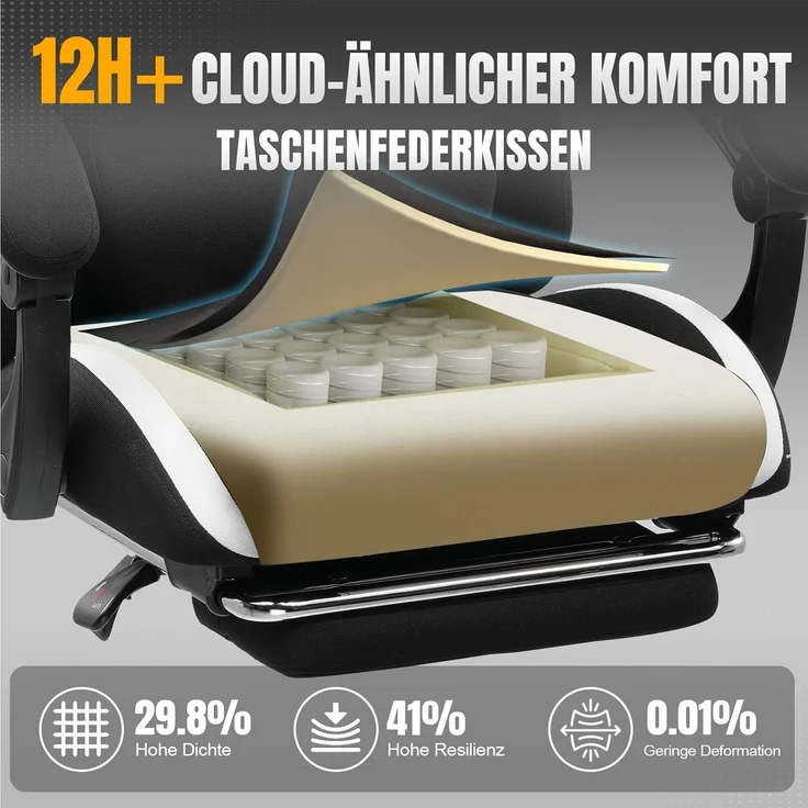 GTPLAYER Gaming Stuhl, Gamer Stuhl, Atmungsaktiver Bürostuhl aus Hochwertigem Stoff, Ergonomischer PC-Stuhl, Verstellbarer und Drehbarer Schreibtischstuhl mit Fußstütze Schwarz – Bild 2