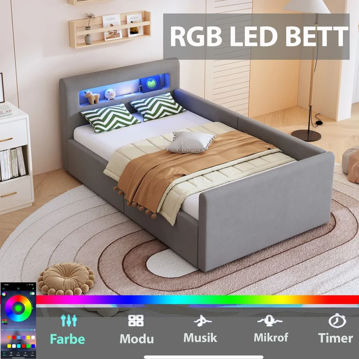 Polsterbett Kinderbett 90x200 cm mit LED, USB, Nachtlicht, hydraulischem Stauraum, Samt, Matratze nicht enthalten – Bild 10