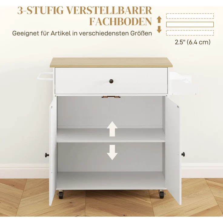 Küchenwagen 106x42x87 cm mit klappbarer Arbeitsplatte, Schublade und Rollen – Weiß – Bild 6