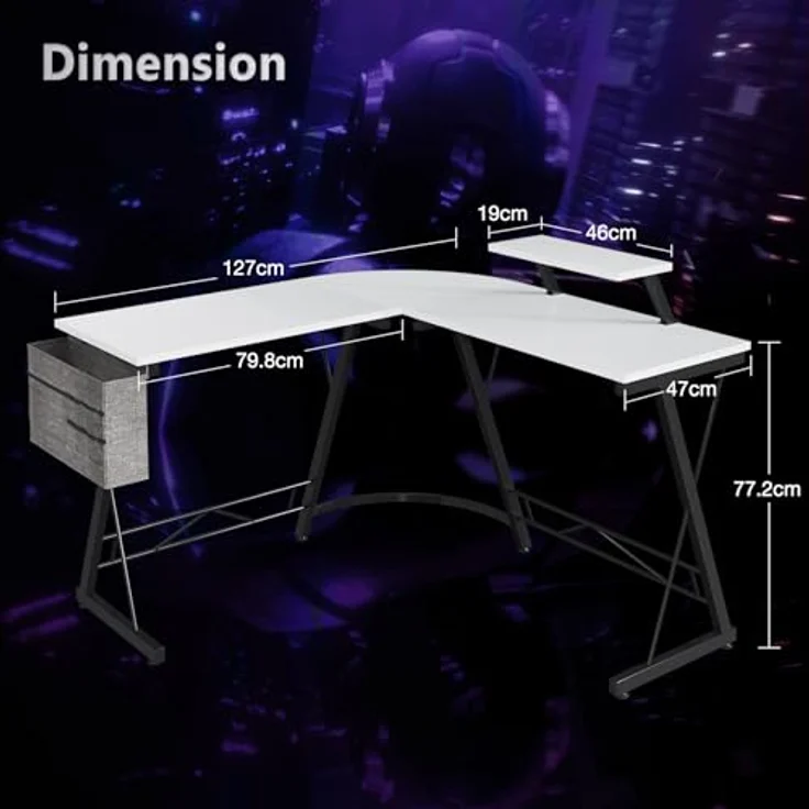 ODK Gaming Tisch, Computertisch, Gaming Schreibtisch mit runder Ecke, Gaming-Tisch mit Monitorablage (Kohlefaser Weiß, 127x127 cm) – Bild 4
