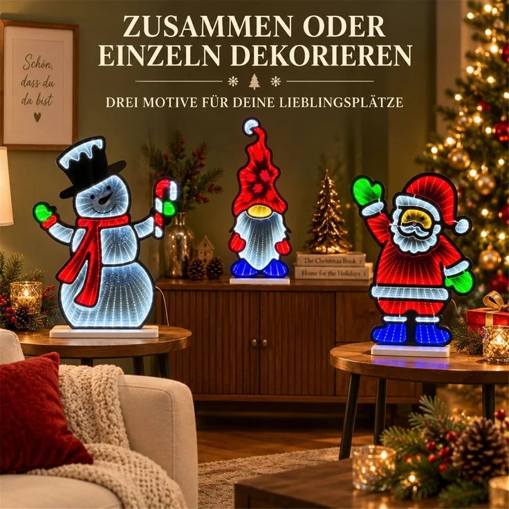 LED Infinity Spiegel 3er-Set Weihnachtsmann, Schneemann, Wichtel mit Timer – Bild 9