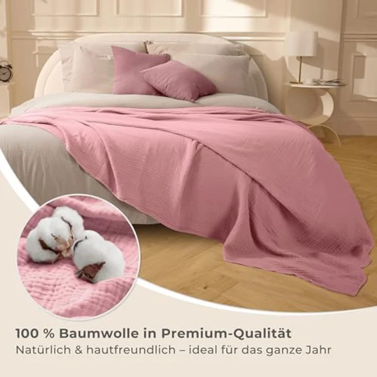 LAYNENBURG Premium Musselin Tagesdecke 180x220 cm - 100% Baumwolle - extraweiche Baumwolldecke als Kuscheldecke, Bett-Überwurf, Sofa-Überwurf, Couch-Überwurf - warme Sofa-Decke (Altrosa) – Bild 5