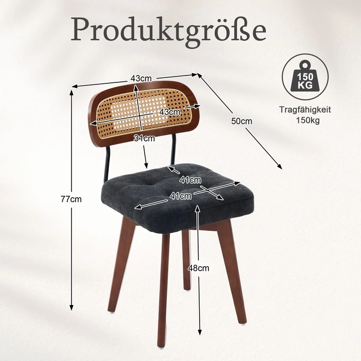 LVHOM 2er-Set Esszimmerstühle 360° Drehstuhl, Polsterstuhl in Rattan-Optik mit Chenille Kissen, stabiler Küchenstuhl mit Metallbeinen, Schwarz – Bild 7
