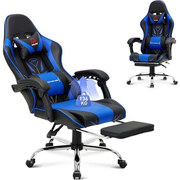 COLAMY Gaming Stuhl, Computer Stuhl mit Fußstütze und Lendenwirbelstütze, höhenverstellbarer Gaming Chair mit 360°-Drehsitz und Kopfstütze, Video Gamer PC Stuhl, Ergonomische hohe Rückenlehne, Blau – Bild 2