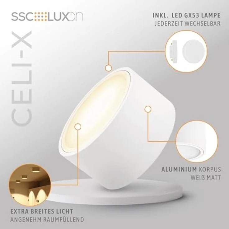 SSC-LUXon LED Aufbaustrahler Flacher LED Aufbaustrahler CELI-X in rund & matt weiss mit 5W, Warmweiß bis Tageslicht – Bild 4