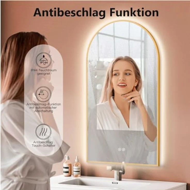 HOKO Badspiegel mit Beleuchtung und Antibeschlag, Gold/Schwarz, 50x90/60x100 cm, Touch-Sensor, wechselbare Lichtfarbe, feuchtraumgeeignet – Bild 4
