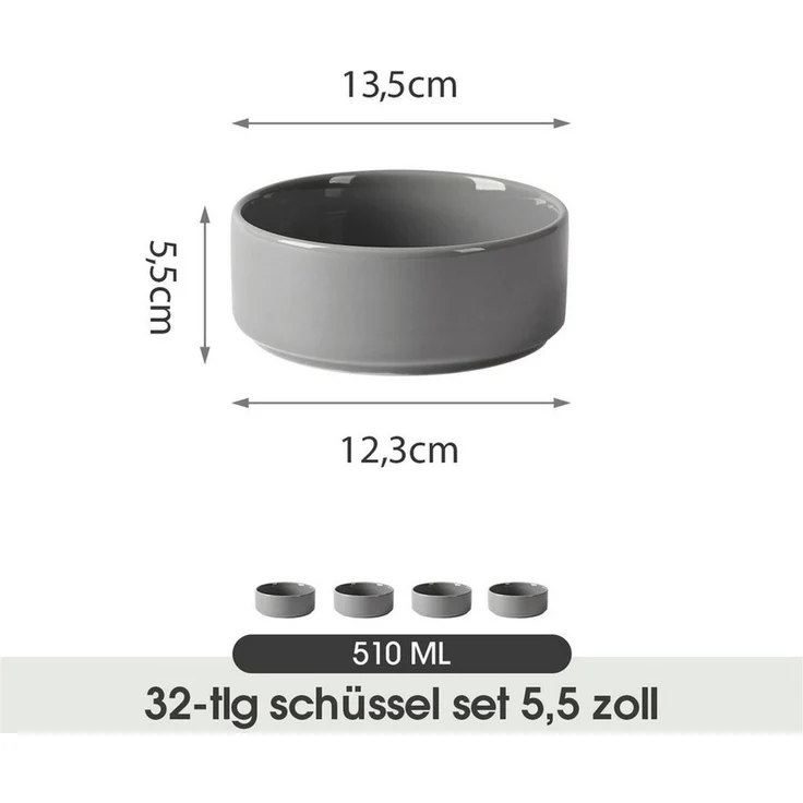 JIWOO Salatschüssel 4er Ø13,5cm, Müslischüssel Suppenschüssel Dessertschale Obstschale, Keramik, (Schüsselset, 32-tlg), Bowl Hochwertiges Schüsseln Grau Schüssel Mikrowellenofen Spülmaschine – Bild 2