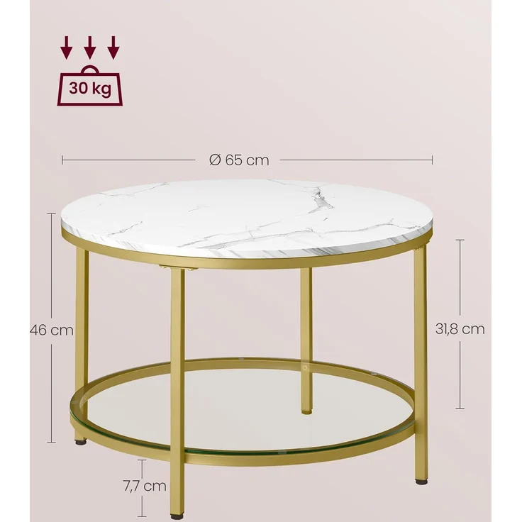VASAGLE Couchtisch, Wohnzimmertisch, Sofatisch, für Wohnzimmer, mit Glasplatte, viel Stauraum, einfacher Aufbau, moderner Stil, marmorweiß-helles Gold LCT072W59 – Bild 3