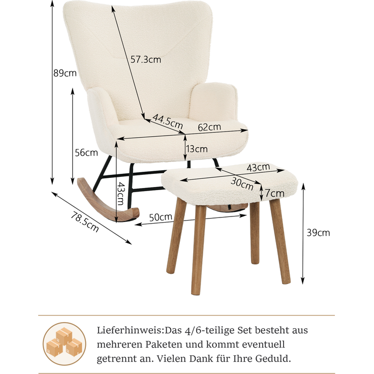 GOEURVANT 5006 Schaukelstuhl mit Hocker (Relaxsessel, Ohrensessel), Teddy-Stoff - Creme – Bild 6