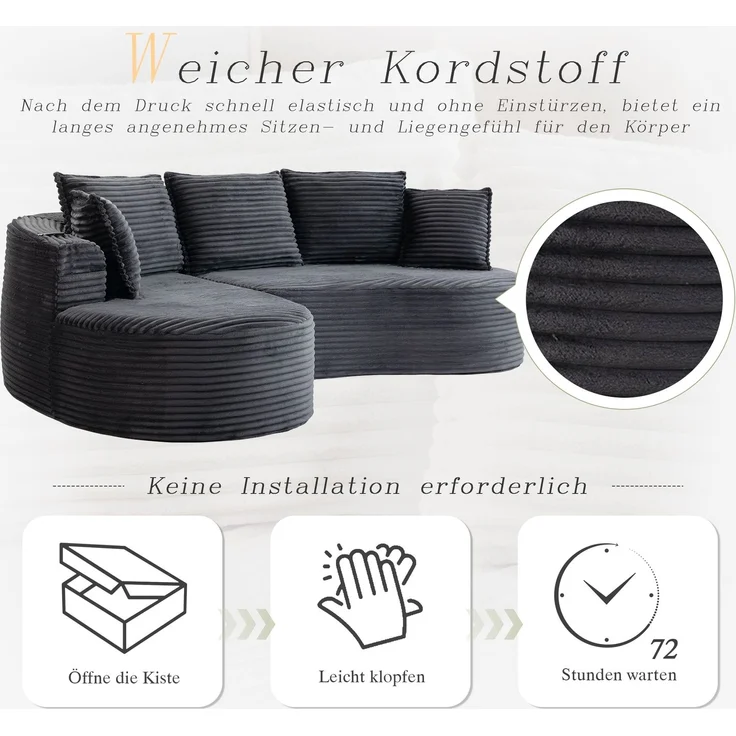 LVHOM Ecksofa L-Form, Cloud Sofa mit Tassenhalter und Seitentaschen, 3-Sitzer Sofa aus Cordstoff, kein Aufbau erforderlich, 250x152cm, Dunkelgrau – Bild 5