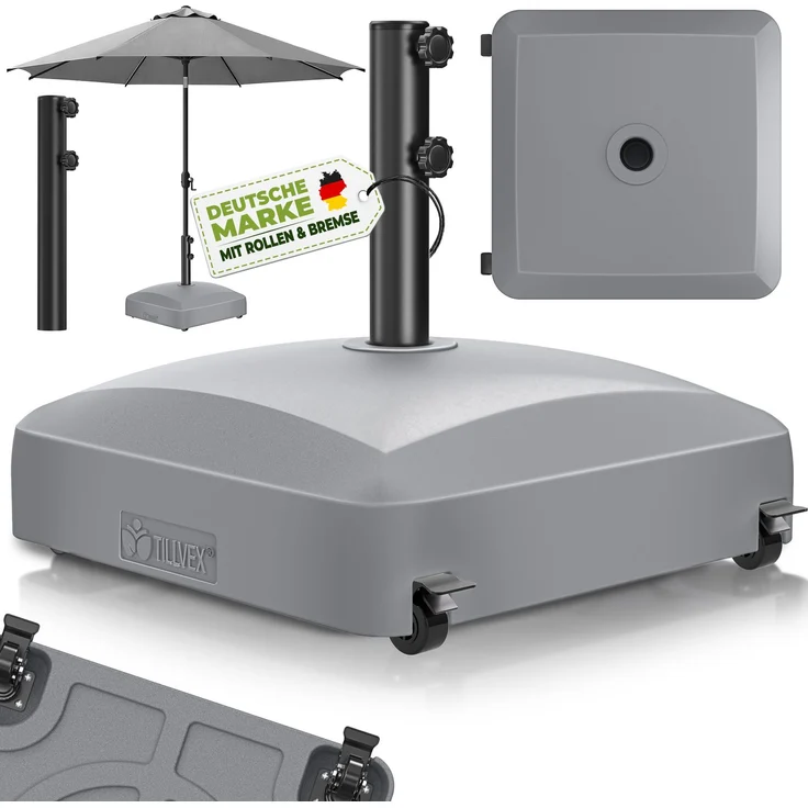 tillvex® Sonnenschirmständer PAVERA mit Rollen & Bremsen Grau | Schirmständer befüllbar 37 Liter / 56 kg | Schirmgewicht Sonnenschirm & Marktschirm Ø 1,8-3,7m | Ampelschirmständer wetterfest – Bild 2