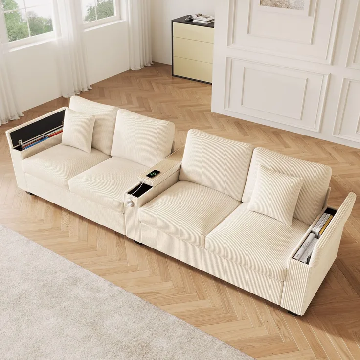 Big-Sofa mit Mehrfachsteckdosen und Stauraum, USB und Type-C, 4-Sitzer, inkl. loser Rückenkissen, Cord Bezug