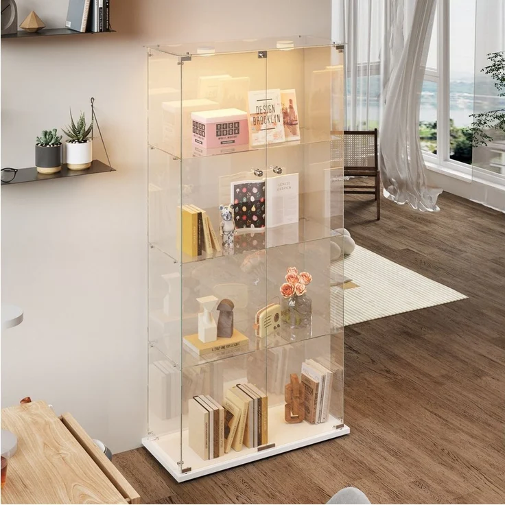 FUROKOY Glasvitrine Standvitrinen, Vitrine aus gehärtetem Glas (Vitrinenschrank mit 2 Glastür und Beleuchtung für Sammler, Bücher) 4 Lagen Sammlervitrine, Weiß – Bild 2