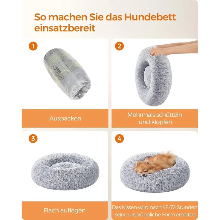 Feandrea Hundebett flauschig, Katzenbett, Donut Kissen, waschbar, Polsterung in der Mitte herausnehmbar, langer Plüsch, 60 cm Durchmesser, Ombré-Grau – Bild 3
