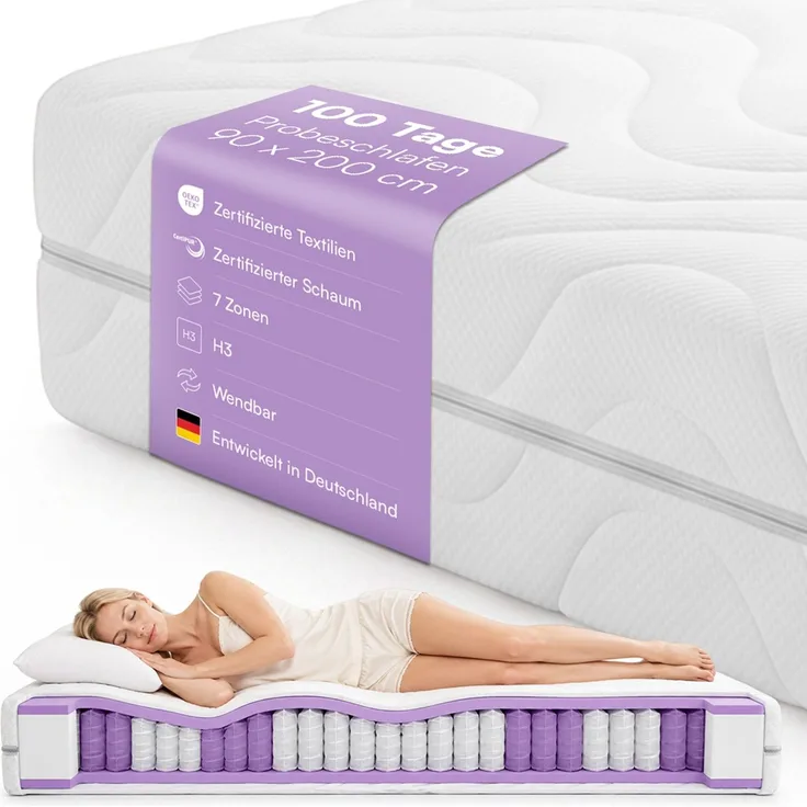 Bellamio 'Lift' Taschenfederkernmatratze 90x200cm, ergonomische 7 Zonen Matratze H3 mittelfest, punktelastisch, wendbar, atmungsaktiver & waschbarer Bezug, aus zertifizierten Materialien