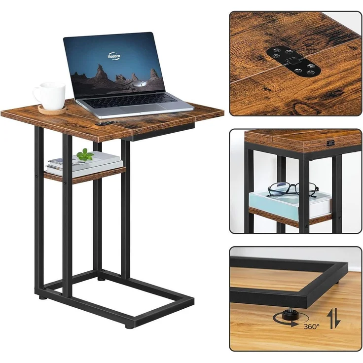 HOOBRO C-Form Beistelltisch Klappbarer Sofatisch mit Lagerregal Dunkelbraun – Bild 7