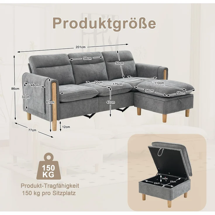 EINHOM Dreisitzige Sofagarnitur im nordischen Stil mit Aufbewahrungshocker, L-förmiges Stoffsofa mit Seitentaschen und Tischbeinen aus Holz, ideal für Wohnzimmer und kleine Räume (Grauer Chenille) – Bild 7