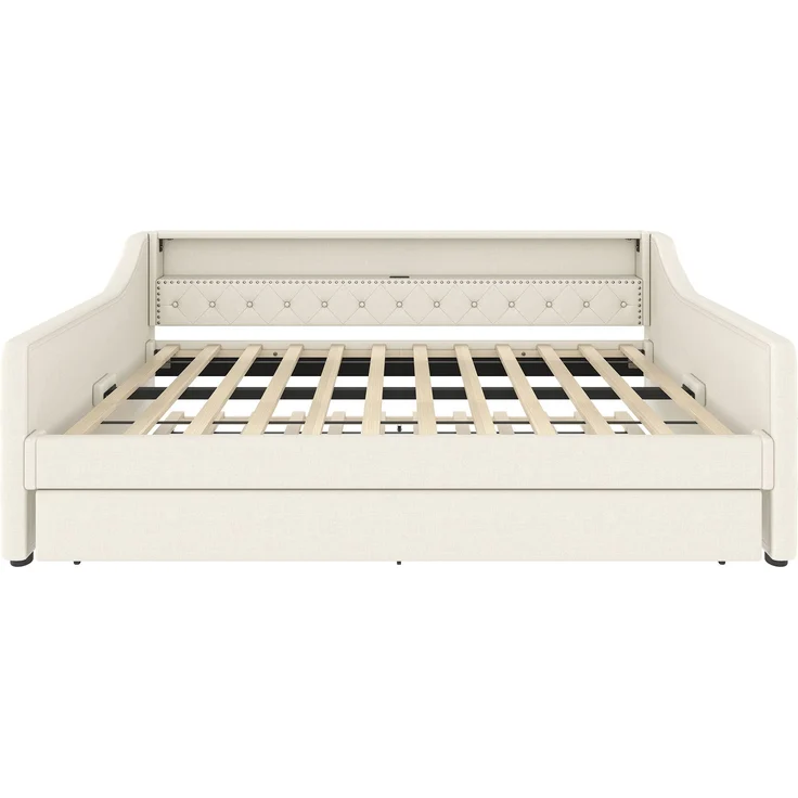 Polsterbett 90×200 cm aus Leinen-Stoff mit LED-Beleuchtung, USB-Anschluss und Ausziehbett, beige – Bild 8