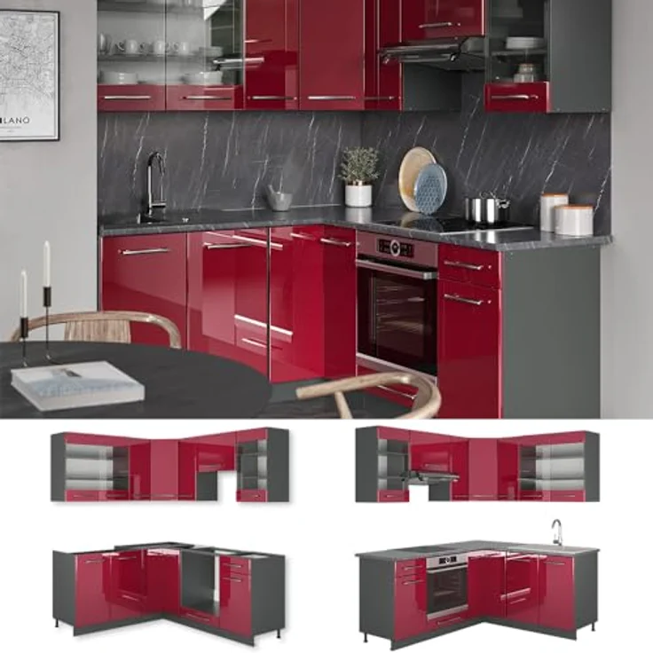 Vicco Eckküche Fame-Line, L-Form, Bordeaux/Anthrazit, Holzwerkstoff, 160x82x60 cm, ohne Geräte – Bild 5