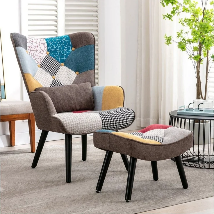 HomeMiYN Ohrensessel Relaxsessel Lehnstühle Patchwork Ohrensessel mit Hocker lesesessel, Chair – Bild 5