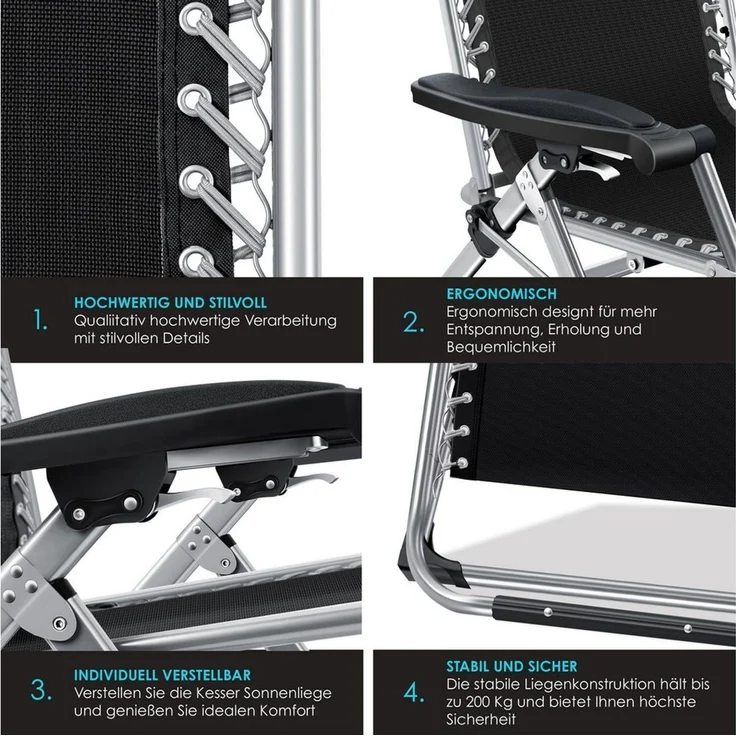 KESSER® Sonnenliege Liegestuhl, klappbare Gartenliege extra breit & Wetterfest, Belastbar 200kg, Ergonomisches Polster, verstellbare Rückenlehne inkl. Nackenkissen, Getränkehalter & Armpolster Grau, Liege (Mit Sonnendach) – Bild 3