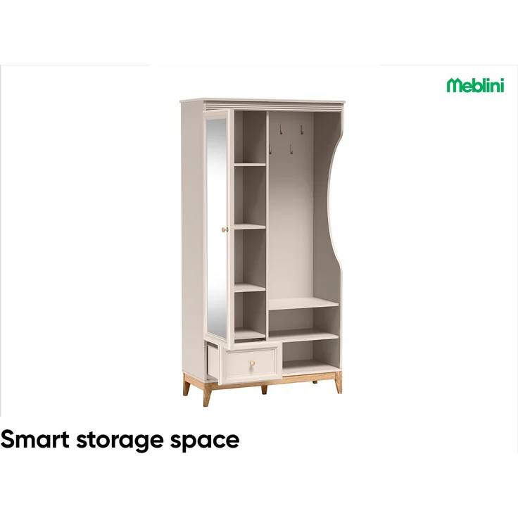 MEBLINI Garderobenschrank Flur mit Spiegel - TUDOR - 100x40,5x193cm – Kaschmir - Garderobe Schrank - Flurgarderobe schmal - Garderobe Flur Möbel Set - Flurschrank hoch – Bild 2