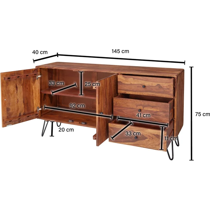 Sideboard WL5.629 Sheesham Massivholz 145x75x40cm Landhaus 3 Schubladen 2 Türen – Bild 8