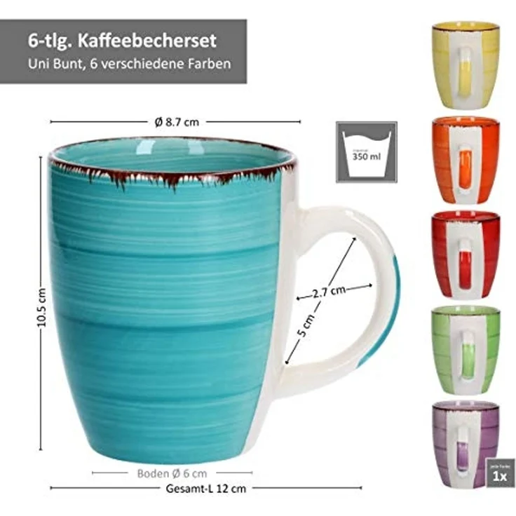 MamboCat Becher 6er Set Kaffeebecher Uni Bunt, Steingut – Bild 6