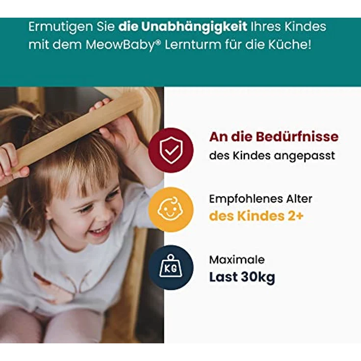 MeowBaby 'Kitchen Helper' Lernturm, Tritt 3-fach höhenverstellbar, Kiefer natur, Massivholz – Bild 4