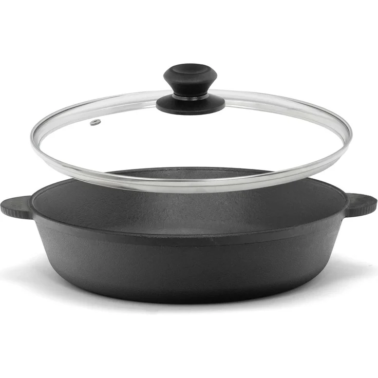 Ø24cm Gusseisenpfanne mit Glasdeckel Bräter Schmortopf aus Gusseisen zwei Griffe Servierpfanne – Bild 1