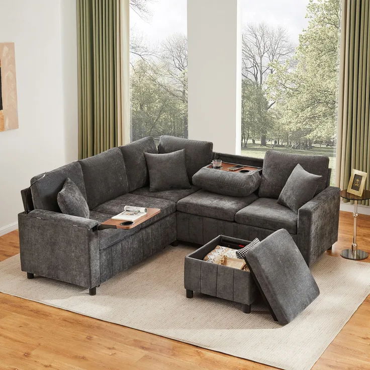 Merax Chenille-Ecksofa, 205cm L-förmiges Sofa mit Schlaffunktion, Ausziehsofa mit Hocker, Leselampe, USB&Type-C, Ausgestattet mit verstecktem Tisch, Ausklappbarer Couchtisch mit zwei Getränkehaltern, Grau