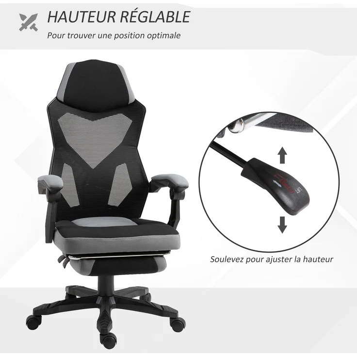MELAYR, Bürostuhl, Gaming-Stuhl, höhenverstellbar, Rückenlehne, drehbare Rollen, Fußstütze, 76 x 28 x 59 cm, Grau – Bild 6