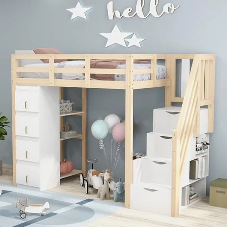 Ball & Cast Hochbett 90*200cm mit Aufbewahrungsschublade Kommode mit Regalen, Sicherheits-Kletterleiter mit Aufbewahrungsschubladen, Multifunktionales Massivholzbett, Kinderbett Jugendbett, Holzfarbe – Bild 4