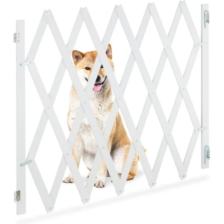 Relaxdays Hundeabsperrgitter ausziehbar bis 140 cm, 87-99 hoch, Bambus, Hunde Schutzgitter für Treppe & Tür, Weiß