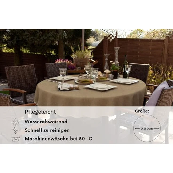 Brandsseller Gartentischdecke Ø 160 cm Tischdecke mit Paspel Outdoor Tischtuch rund Weichschaum für Garten, Terrasse, Balkon wetterfest rutschfest - Cappuccino – Bild 3
