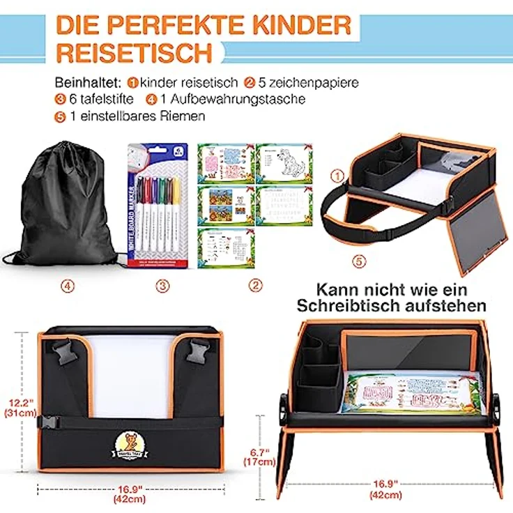 lenbest Doppelfunktion Kinder Reisetisch, Knietablett Reisetisch（Auto Rückenlehnenschutz） mit Transparenter Zeichnungsfilm, 5 Zeichnungsplatten und 6 Farbpens - Schwarzes/Orange – Bild 4