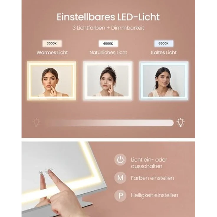 SONGMICS Schminkspiegel, mit LED-Beleuchtung, Touch-Steuerung, 15 LED-Glühbirnen, mit Ladeanschlüssen, 10x Vergrößerungsspiegel, 3 Lichtfarben, dimmbar, Handyhalter, Glas/Stahl/MDF mattweiß, 10 x 62,5 x 45,8 cm – Bild 3